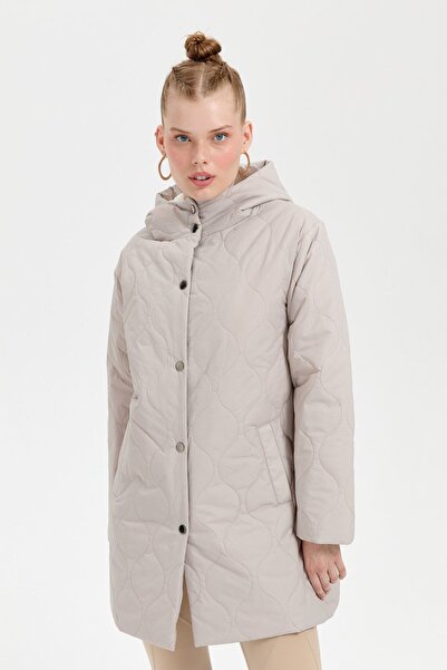 Desen Triko Onion Patterned Quilted Coat - Women's, Hooded and Stone Color