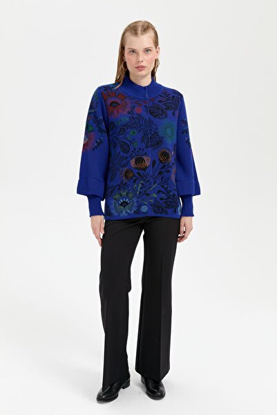 Desen Triko Palton de lână pentru femei cu guler în picioare cu imprimeu floral colorat - K.S.Blue