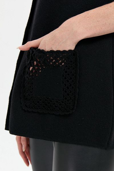 Desen Triko Black Women's Polo Collar Short Wool Vest - Buttoned