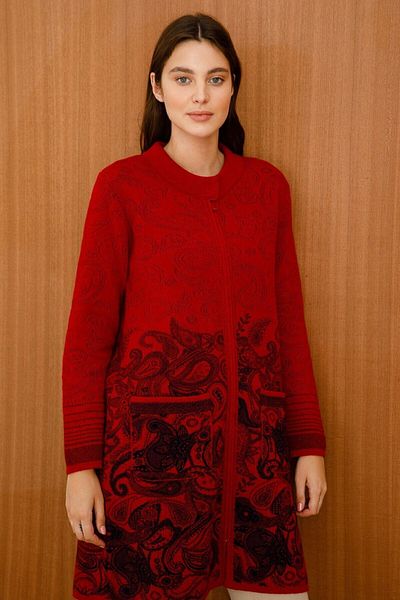 Desen Triko Women's Judge Collar Paisley Patterned Long Coat Dark Red