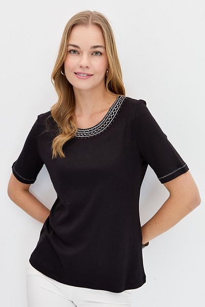Desen Triko Tricou de damă, cu guler, bumbac brodat, negru