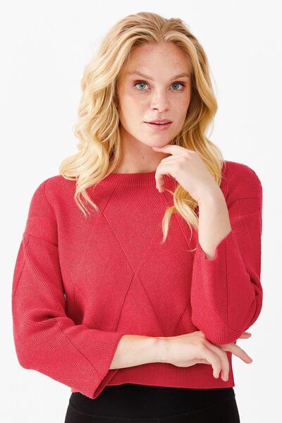 Desen Triko Women's Crew Neck Front Diamond Patterned Ruched Short Sweater Red