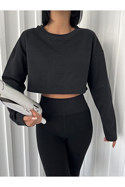 Siyah Crop Bisiklet Yaka Sweatshirt