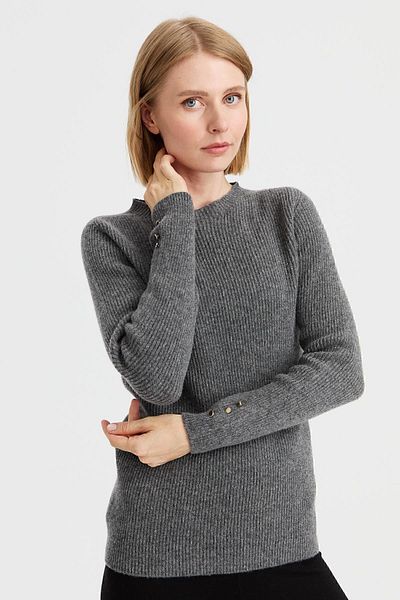 Desen Triko Women's Crew Neck Buttoned Wool Sweater Smoked