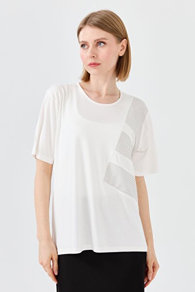 Desen Triko Women's Crew Neck Chain Fabric Combed Cotton T-shirt Bone