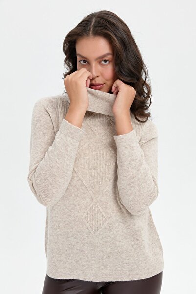 Desen Triko V.beige Women's Woolen Sweater - Degaje Collar, Thessaloniki Knit, Seamless