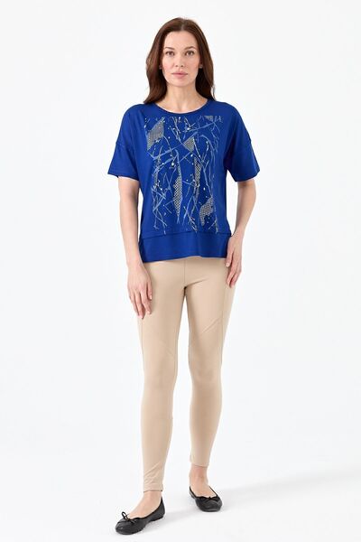 Desen Triko Women's Crew Neck Front Mesh Printed Combed Cotton T-shirt Saks