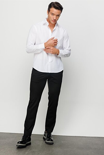 Desen Triko Ανδρικό κλασικό πέτο μονόχρωμο βαμβακερό κανονικό πουκάμισο μεσαίου κοψίματος λευκό