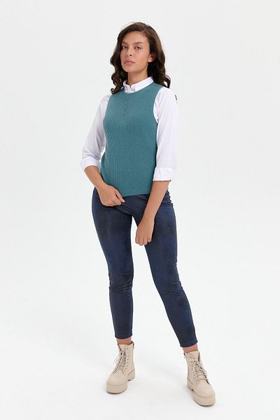 Desen Triko M.green Women's Wool Sweater - Crew Neck, Seamless, Front Button