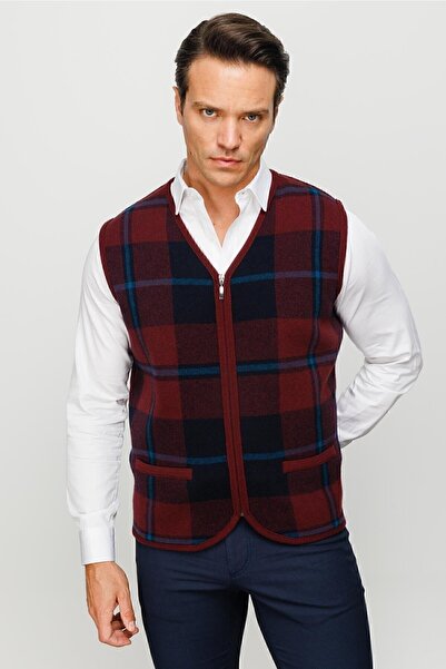 Desen Triko Men's V-Neck Front Checked Vest Claret Red