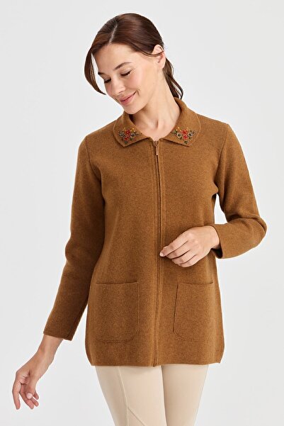 Desen Triko Women's Polo Collar Lace Embroidered Wool Cardigan K.Taba