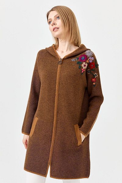 Desen Triko Cardigan lung de lână pentru femei cu glugă cu detaliu de broderie - K.taba