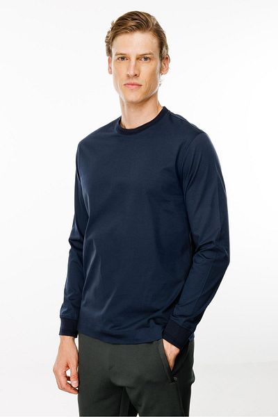 Desen Triko Ανδρικό μπλουζάκι Navy Blue - Crew Neck, Basic, Μακρύ μανίκι, Βαμβακερό