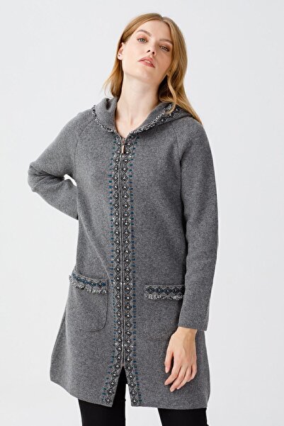 Desen Triko Women's Zippered Hooded Long Coat 02422165 Smoked
