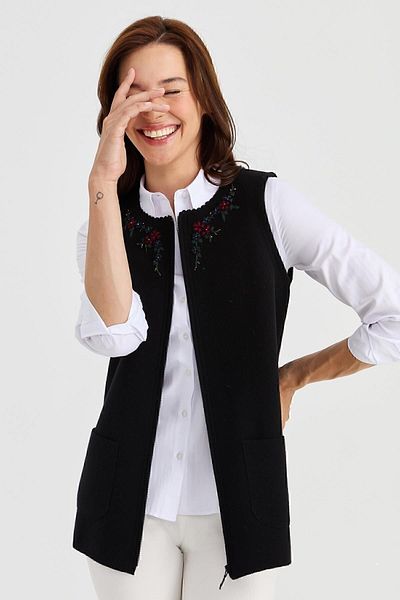 Desen Triko Women's Zero Collar Edge Lace Embroidered Wool Vest Black