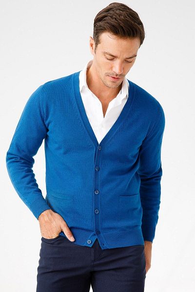 Desen Triko Cardigan de bază pentru bărbați, cu decolteu în V, cu nasturi în față, tricotaj subțiri Saks Blue