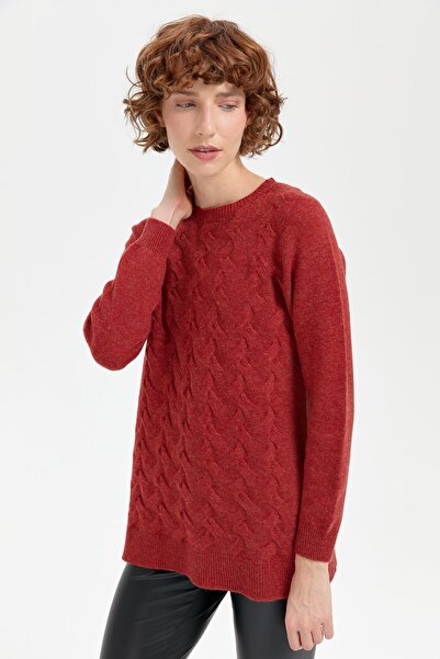 Desen Triko Brick Color Seamless Wool Sweater - Hair Braid, Crew Neck