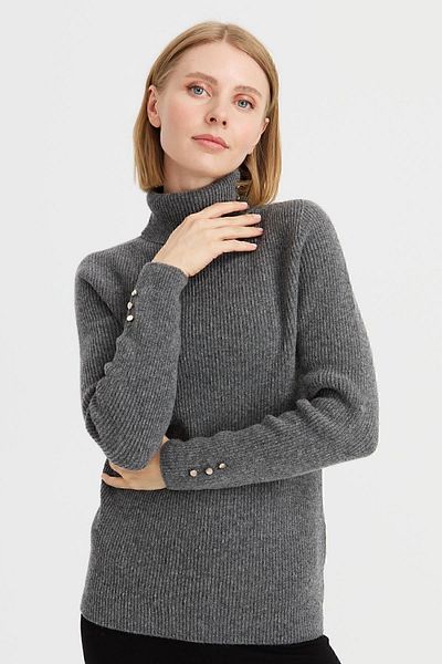 Desen Triko Women's Full Turtleneck Buttoned Wool Sweater Smoked