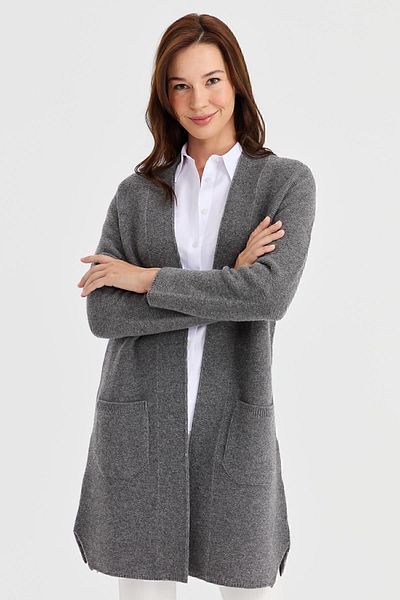 Desen Triko Women's High Collar Self-Banded Long Wool Cardigan Smoked