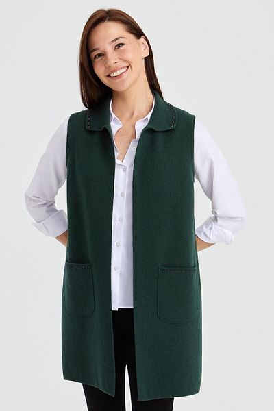 Desen Triko Women's Polo Neck Knitwear Colorful Embroidered Long Wool Vest Green