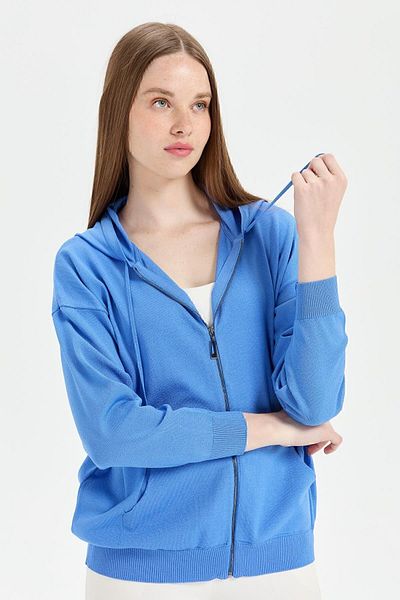Desen Triko Tricotaj albastru Cardigan de vară pentru femei cu glugă