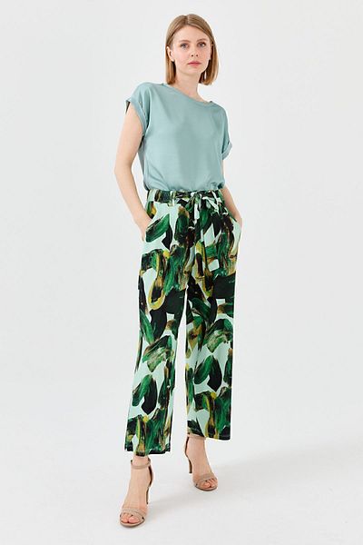 Desen Triko Women's Mixed Patterned Loose Cut Combed Cotton Trousers Green