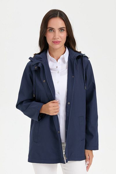Desen Triko Navy Blue Women's Trench Coat - Hooded and Side Pocket