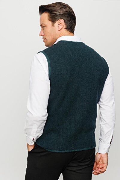 Desen Triko Men's V-neck Pique Woven Wool Vest with Felt Accessories Green