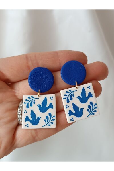 La fee aksesuar ÇELİK KÜPE APARAT & SERAMİK DESEN POLİMER KİL KÜPE EL YAPIMI MAVİ & BEYAZ RENKLİ