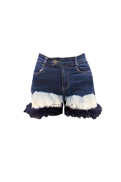 Rocky girl Batik desen tüy detaylı mini denim şort