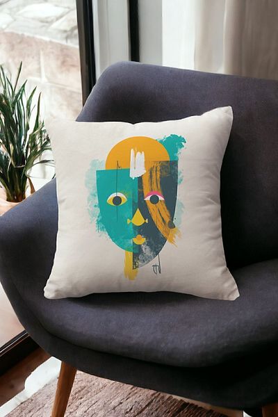 ÖZENEV Velvet 43x43 Cm Throw Pillow Case Decorative Soft Living Room Abstract Face