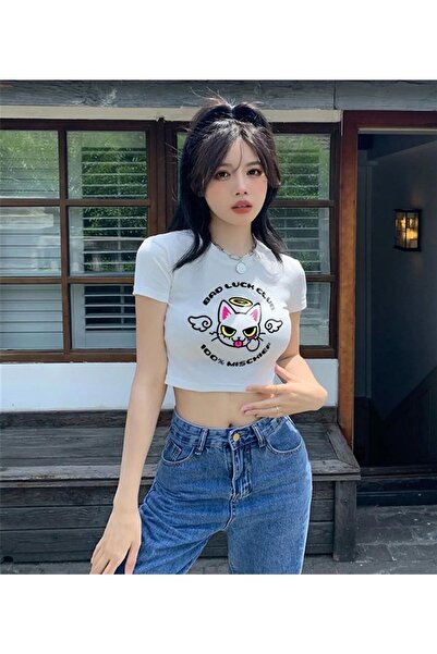 Le Savu Bad Luck Club Printed White Color Crop