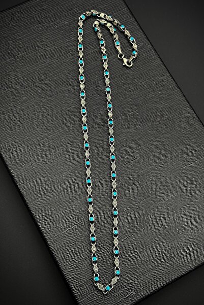 FRNCH 925 Ayar Gümüş İtalyan Model Turkuaz Renk Zirkon Taşlı Erkek Kolye FRJ3...