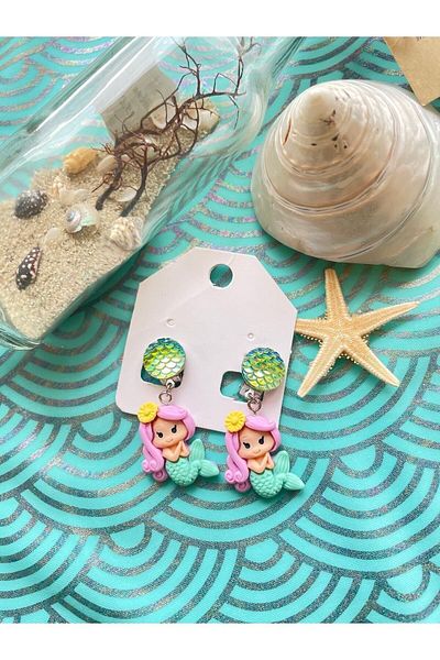 1PARÇAMAVİ Mermaid Mermarid Clip Non-Perforated Compression Children's Earrings