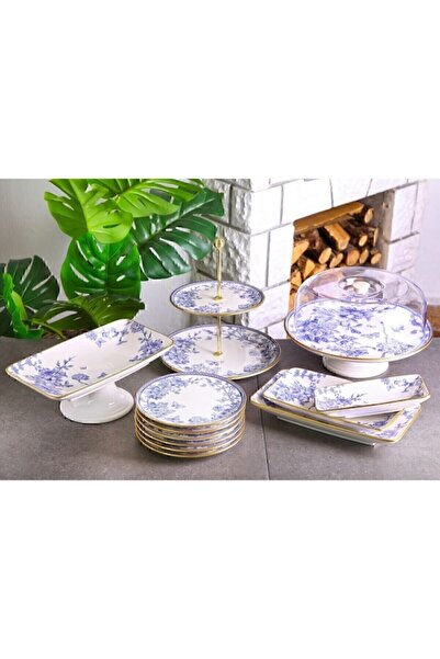 Laviss 13 Parça Beyaz Gold Mavi Desenli Pasta Servis Sunum Seti
