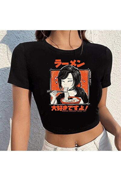 Le Savu Sevunera Anime Ramen Daisuki Desu Smile με τύπωμα Μαύρο Χρώμα Crop
