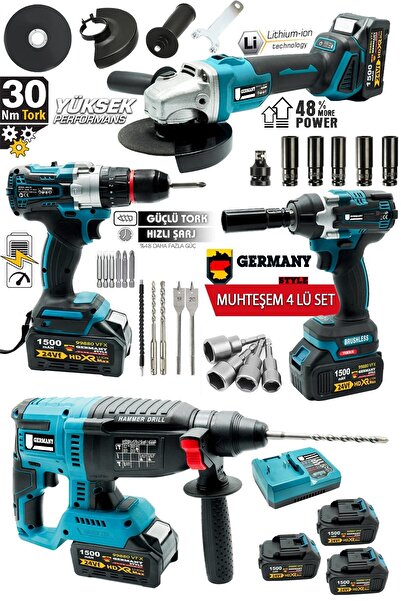 Germany Style 4'Lü Set 99880VPX Şarjlı Taşlama- Şarjlı Hilti-13mm Darbeli Şarjlı Matkap-Şarjlı Somun Sıkma