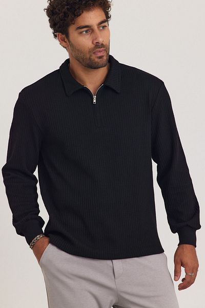 MADZEYMODA Мъжки черен суитшърт - Нов сезон, Яка с половин цип, Mz32024