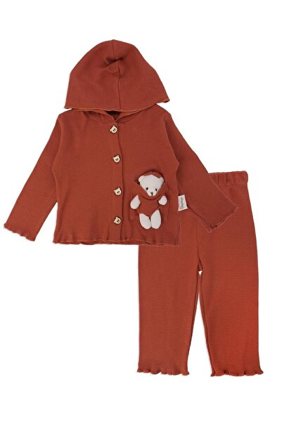Bebelop Baby Girl Buttoned Teddy Bear Hooded Report 2-Piece Top and Bottom Set