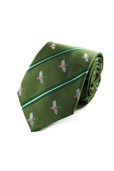 Sade Kravat Haki Yeşil Turuncu Beyaz Özel Dokuma Çizgili Kuş Desenli Kravat 2...