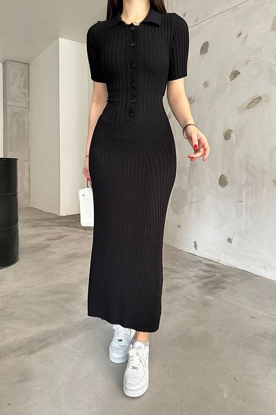 Cistern İstanbul Black Corded Knitwear Polo Collar Dress - Women