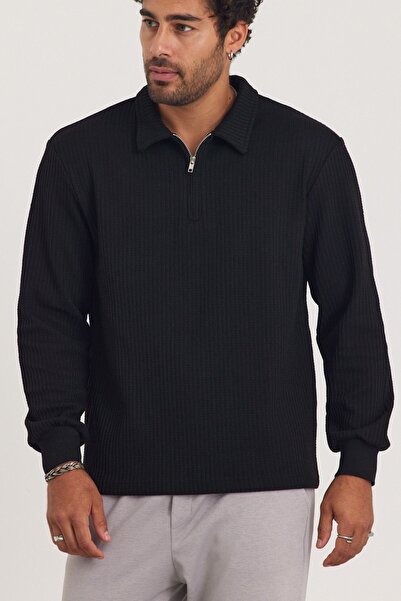 MADZEYMODA Yeni Sezon Erkek Yarım Fermuar Yakalı Siyah Sweatshirt Mz32024