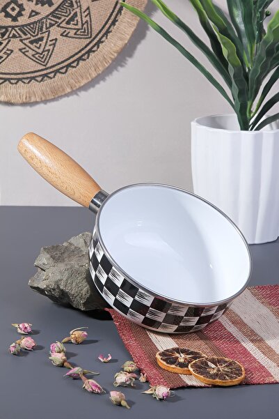 Akkoyunlu home Bambu Saplı Dama Desen  Emaye Tava Sosluk Kızartmalık  Tava 16 cm