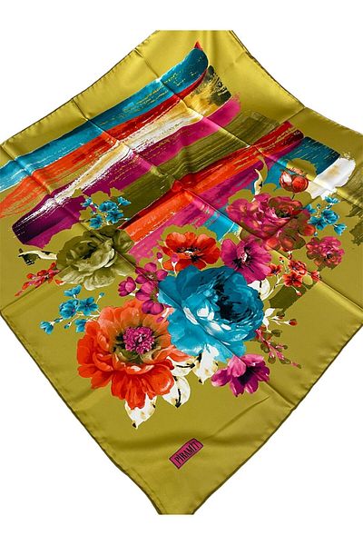 PİRAMİT Green Floral Pattern Pyramid Scarf - 90cm X 90cm Es-13