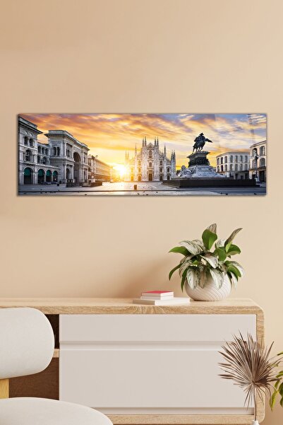 Vosevu Gün Batımında Milano Panoramik Cam Tablo, Modern Ev ve Ofis Dekoru, Hediyelik Duvar Dekorasyonu