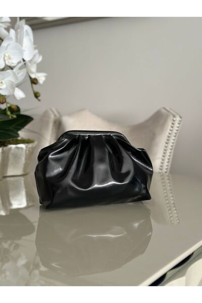 mossi Women's Black Shiny Faux Leather Strap Clutch Daily and Evening Dress Bag