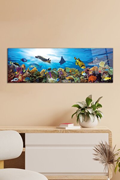 Vosevu Su Altı Renkli Balıklar Panoramik Cam Tablo, Modern Ev ve Ofis Dekoru,...