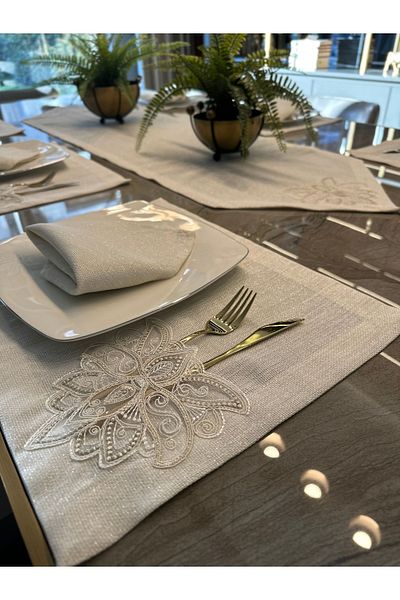 Decamor home 7-Piece Ecru Linen - French Lace and Gold Glitter Corner Tassel American Service and Runner Set