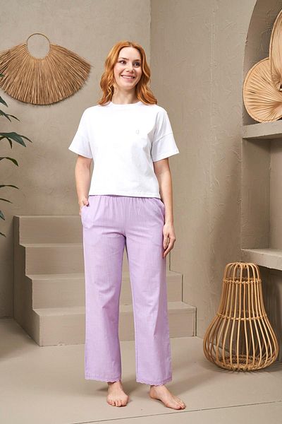 PJS 25121 Set de pijamale din bumbac cu mânecă scurtă, cu gât turnu, pentru femei