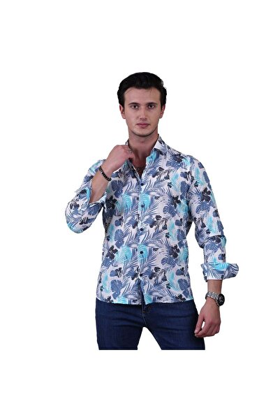 Exve Exclusive Мъжка риза Slim Fit от памук и лен с хавайски щампи на листа в бяло, тъмносиньо и тюркоазено